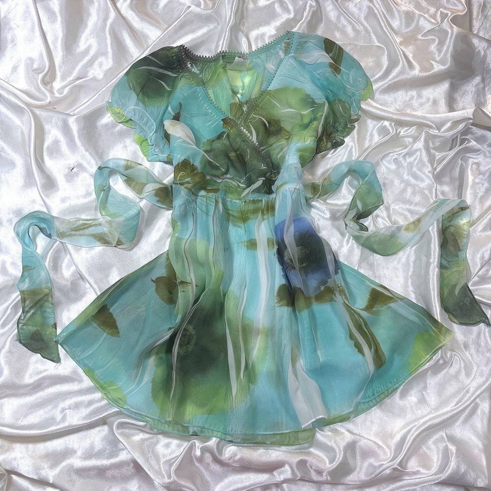 y2k Body Central Babydoll Top Blue Green Excellent Sheer Floral Lace Trim Blouse